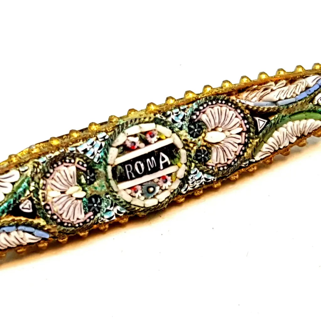 Broche micromosaico Roma micromosaico. Circa 1920. Joyería antigua y vintage.
