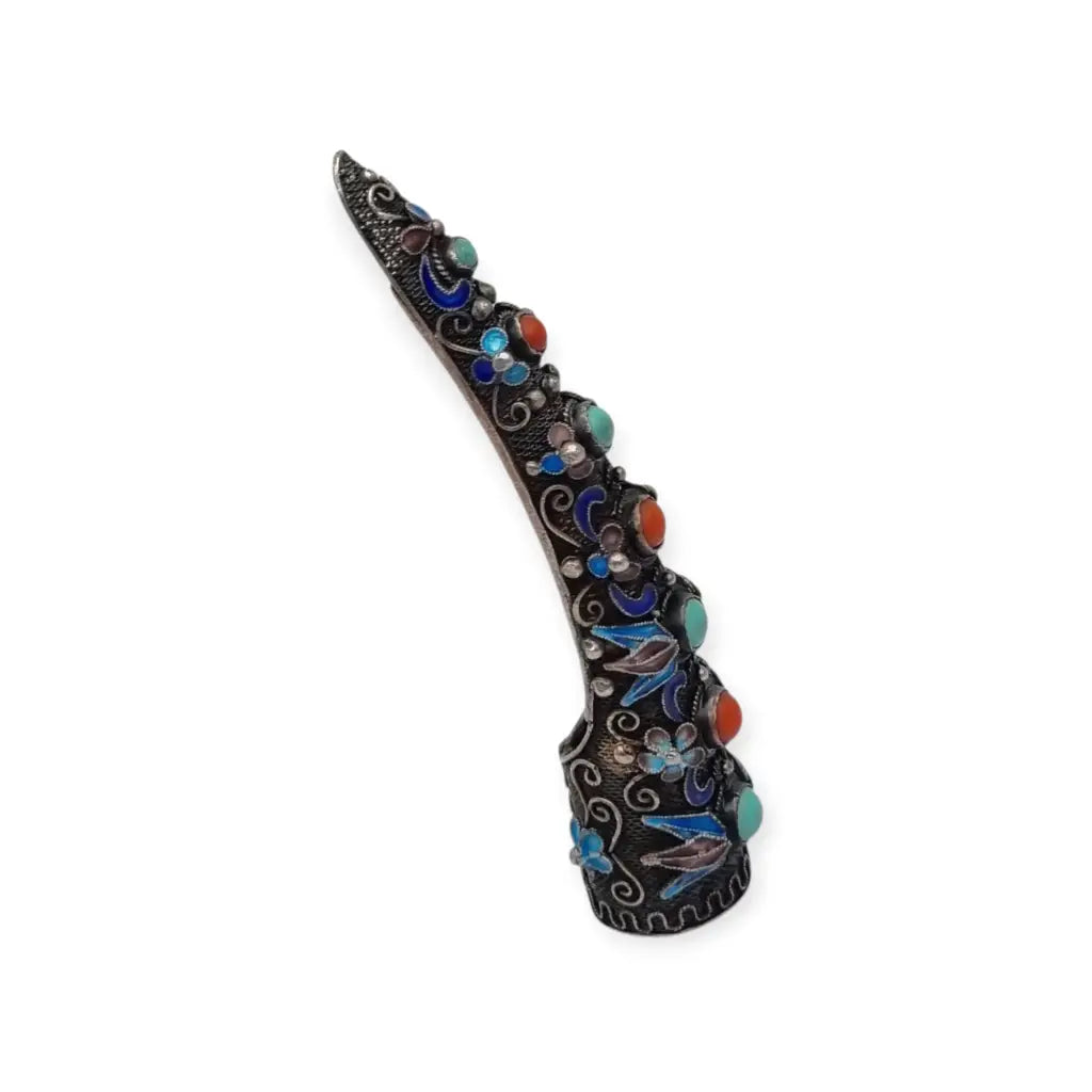 Protector de uñas chino en filigrana plata piedras y esmalte siglo XX huzhi