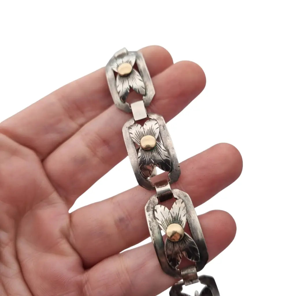 Pulsera Art Decó tardío en plata y vistas de oro años 40-50 eslabones calados