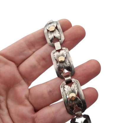 Pulsera Art Decó tardío en plata y vistas de oro años 40-50 eslabones calados