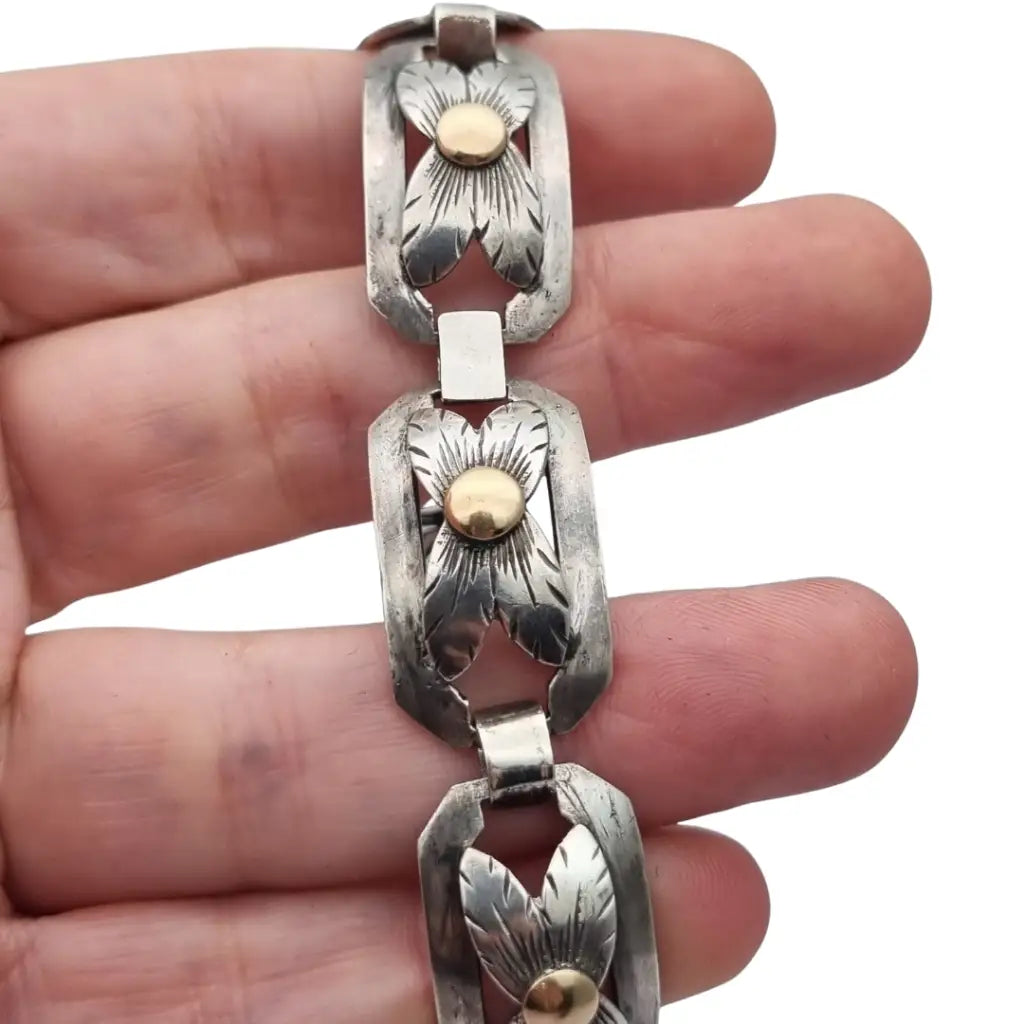 Pulsera Art Decó tardío en plata y vistas de oro años 40-50 eslabones calados