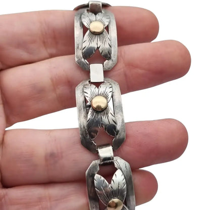 Pulsera Art Decó tardío en plata y vistas de oro años 40-50 eslabones calados