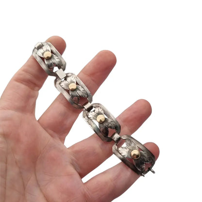 Pulsera Art Decó tardío en plata y vistas de oro años 40-50 eslabones calados