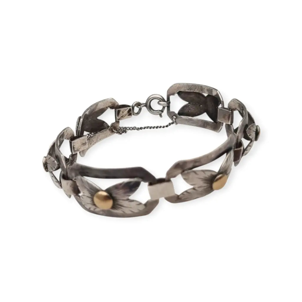 Pulsera Art Decó tardío en plata y vistas de oro años 40-50 eslabones calados