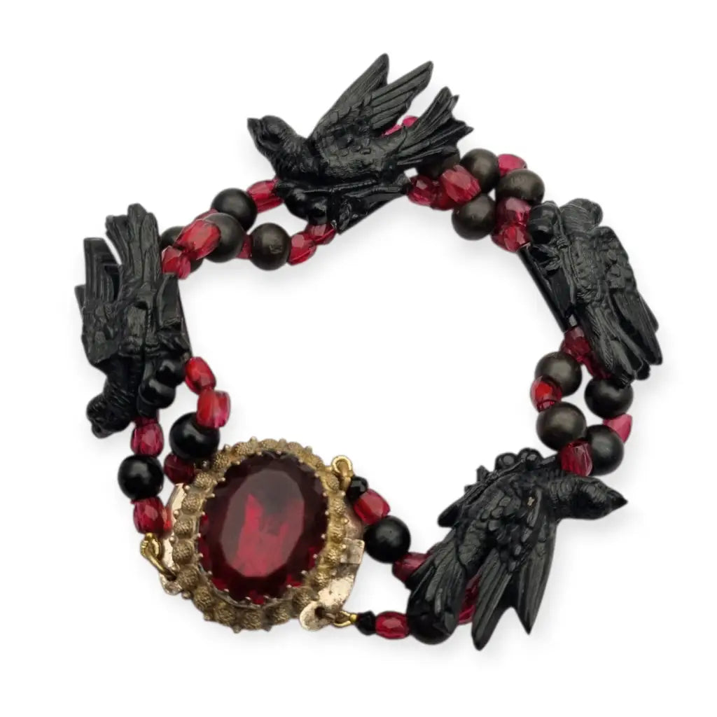 Pulsera victoriana de luto joya sentimental con pájaros vulcanita cuentas