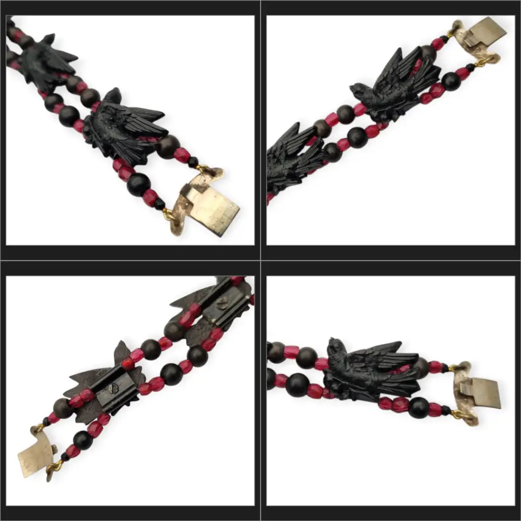 Pulsera victoriana de luto joya sentimental con pájaros vulcanita cuentas