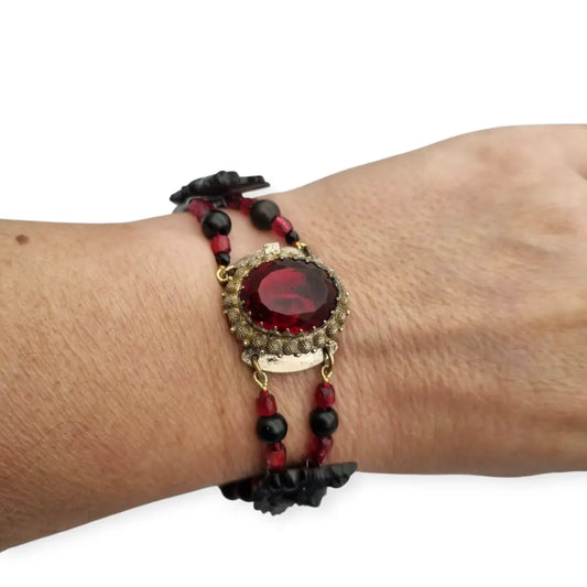 Pulsera victoriana de luto joya sentimental con pájaros vulcanita cuentas