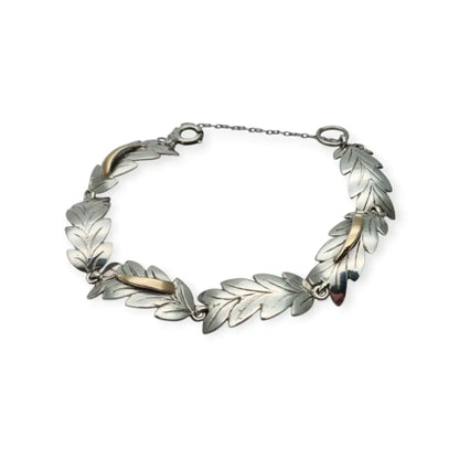 Pulsera vintage de plata y oro Art Decó tardío • Diseño hojas grabadas