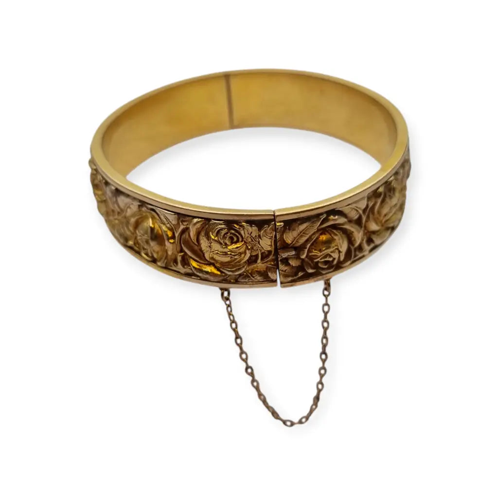 Pulsera Vintage Rosa Repujada Chapada en Oro Estilo Romántico. Años 40.