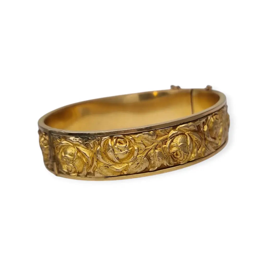 Pulsera Vintage Rosa Repujada Chapada en Oro Estilo Romántico. Años 40.