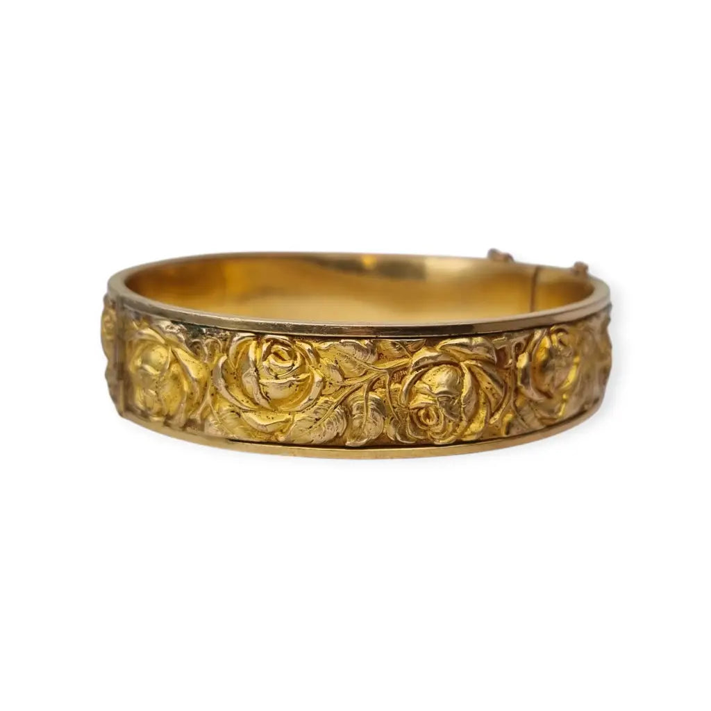 Pulsera Vintage Rosa Repujada Chapada en Oro Estilo Romántico. Años 40.