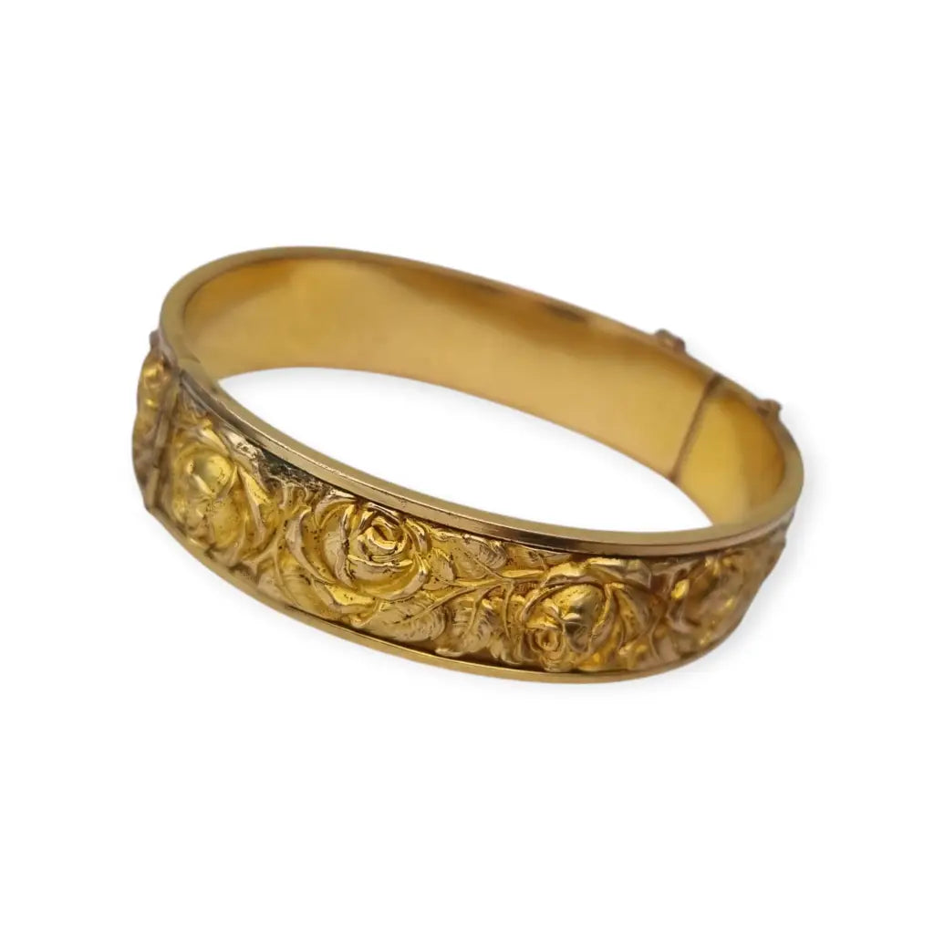 Pulsera Vintage Rosa Repujada Chapada en Oro Estilo Romántico. Años 40.