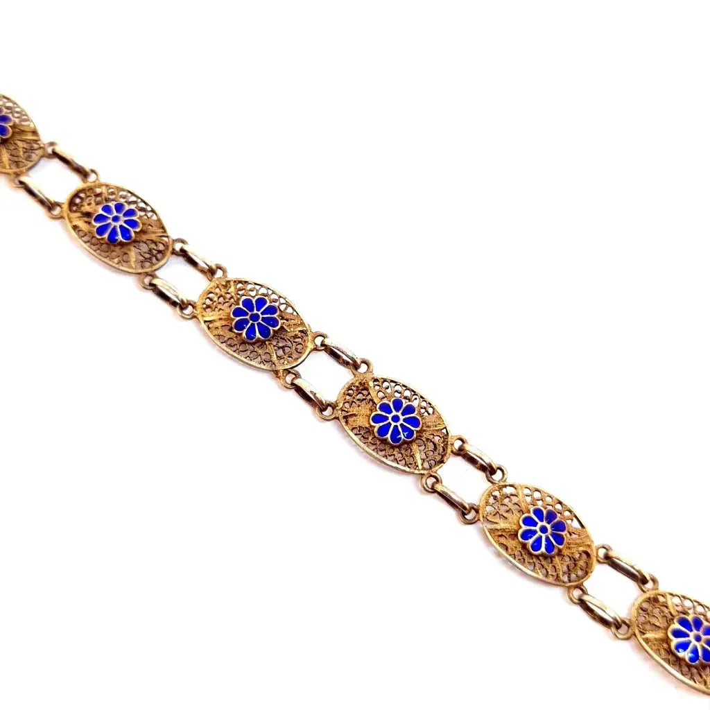 Pulsera de filigrana plata floral. Esmalte Azul. Circa 1950. Joyas