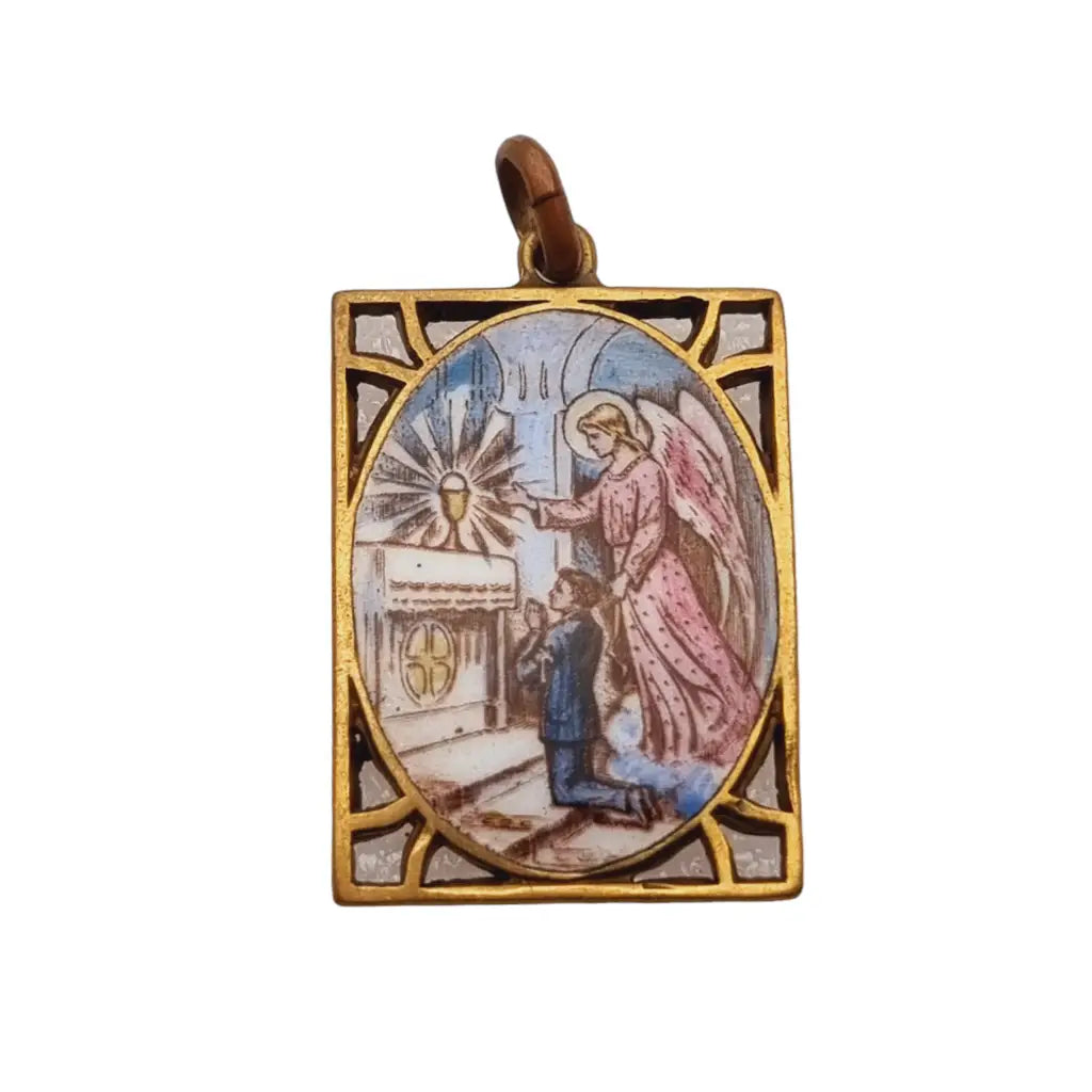 Colgante de esmalte religioso antiguo medalla comunión regalo católico.