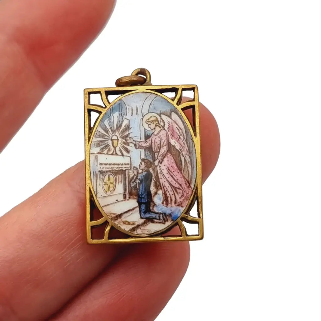 Colgante de esmalte religioso antiguo medalla comunión regalo católico.