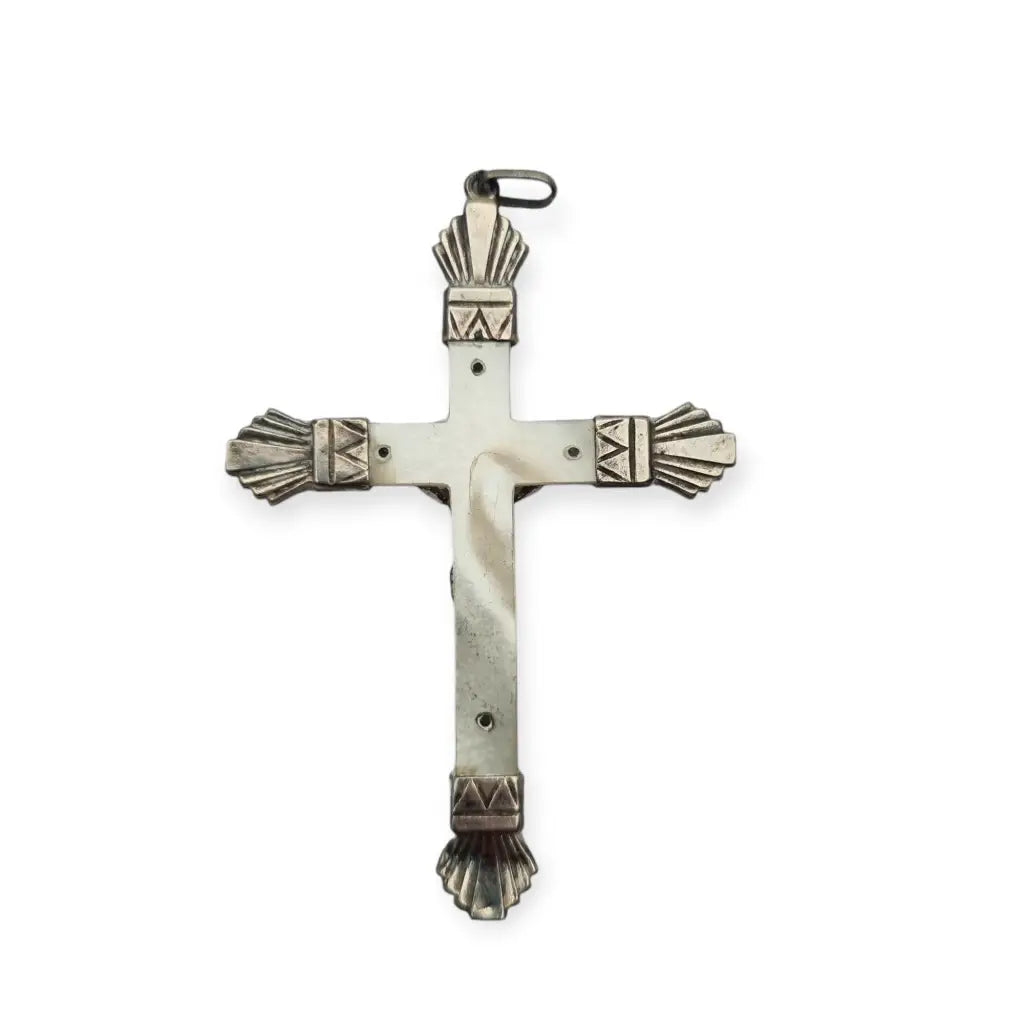 Cruz Art Decó Antiguo de Plata y Nácar 1920 Regalo Religioso