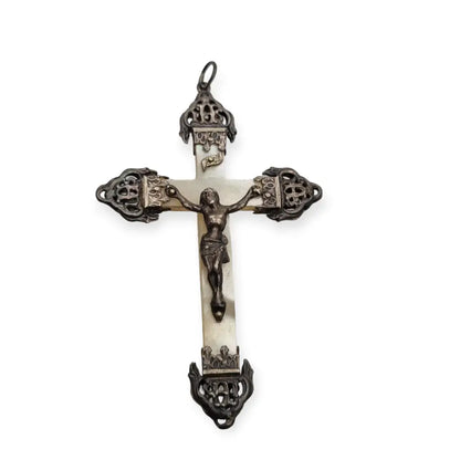 Cruz en plata y nácar católica 1900 joyería francesa regalo religioso.