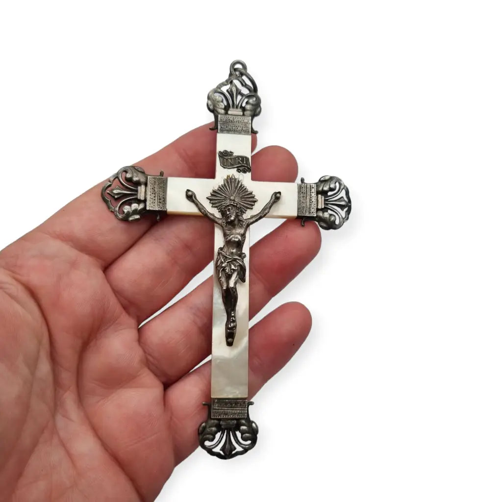 Cruz Antigua de Plata y Nácar pieza católica regalo vintage Joyas Religiosas.