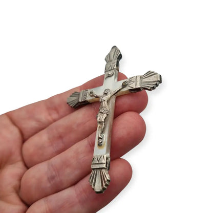 Cruz Art Decó Antiguo de Plata y Nácar 1920 Regalo Religioso