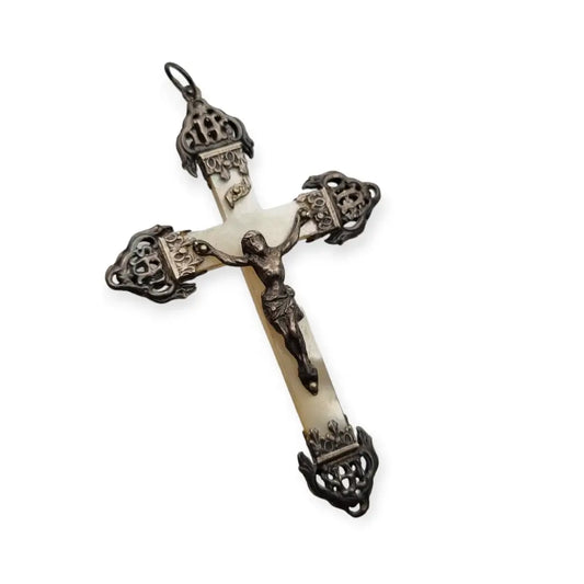 Cruz en plata y nácar católica 1900 joyería francesa regalo religioso.