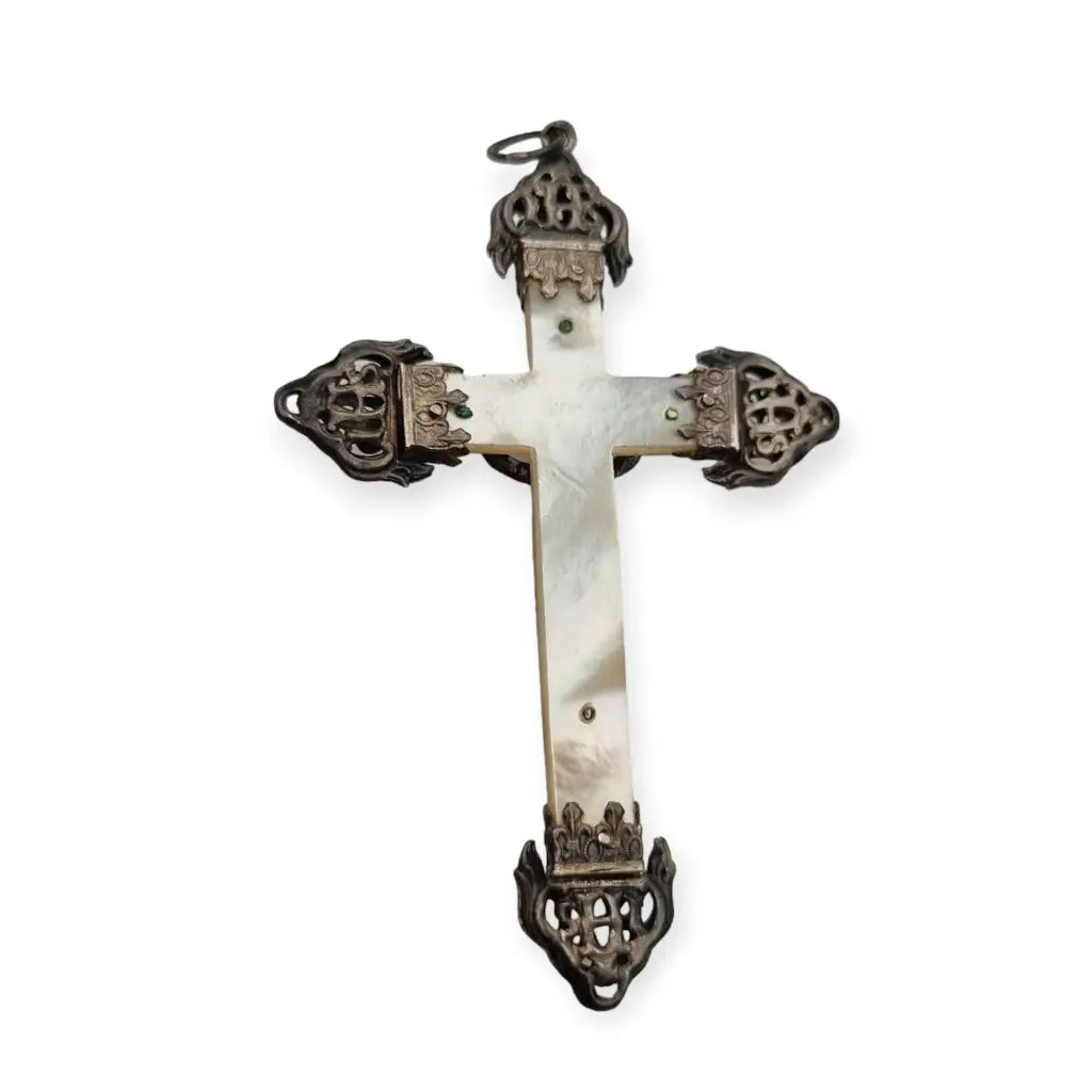 Cruz en plata y nácar católica 1900 joyería francesa regalo religioso.