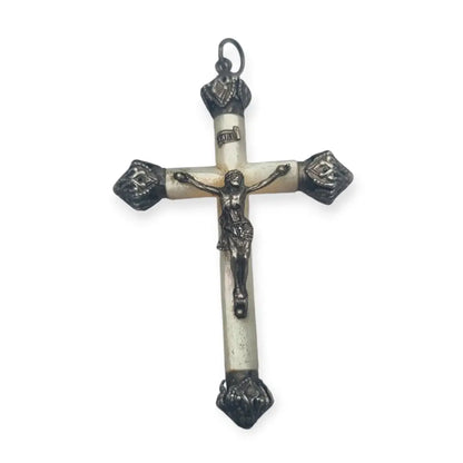 Cruz antigua de plata y nácar 1900 joyería Religiosa francesa coleccionable.