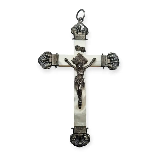 Cruz Antigua de Plata y Nácar pieza católica regalo vintage Joyas Religiosas.
