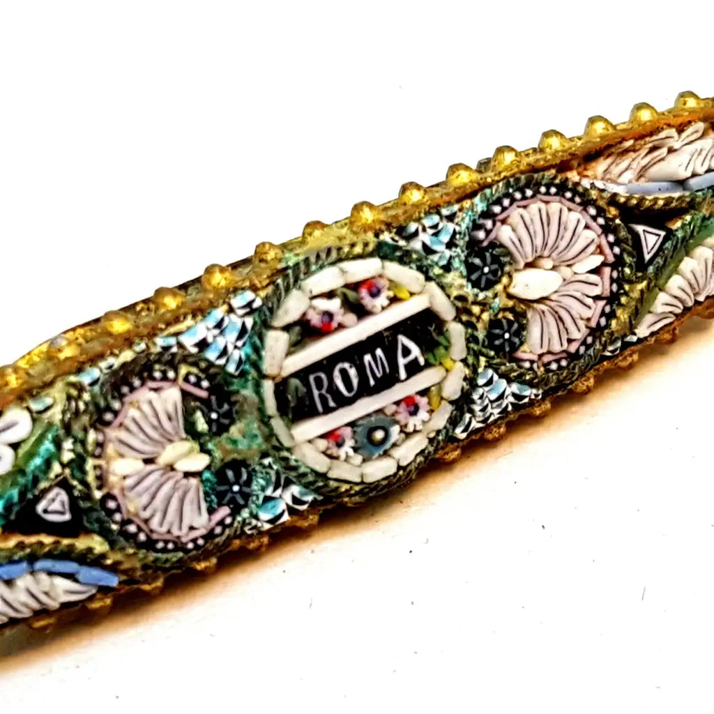Broche micromosaico Roma micromosaico. Circa 1920. Joyería antigua y vintage.