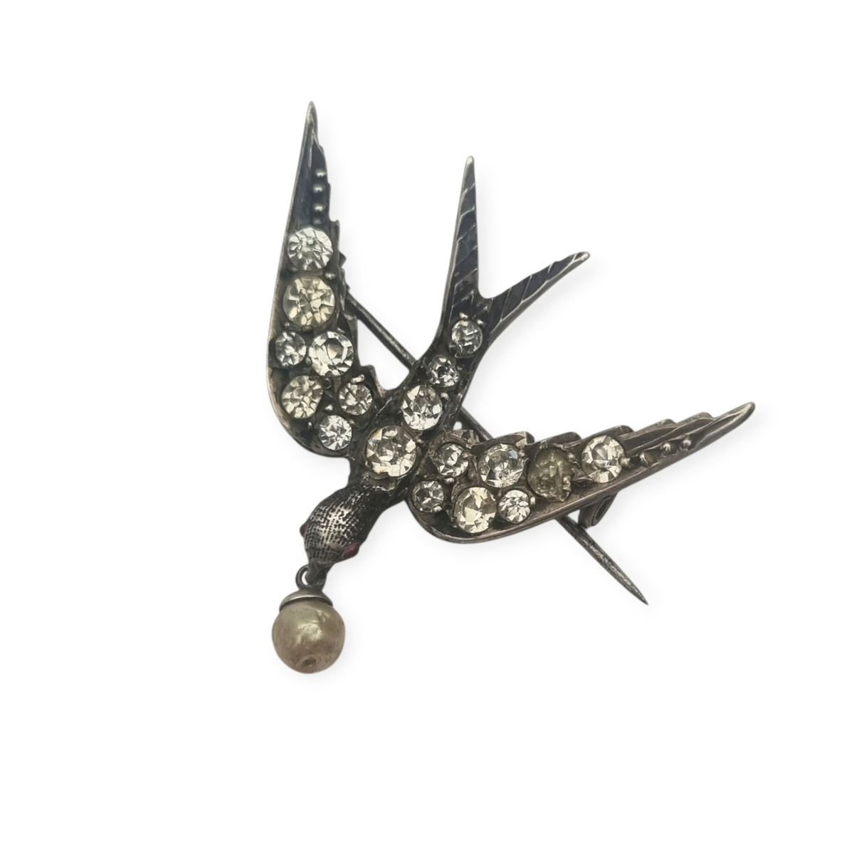 Broche Antiguo Sentimental Victoriano Golondrina de Plata con Pasta Vítrea y Perla, circa 1900