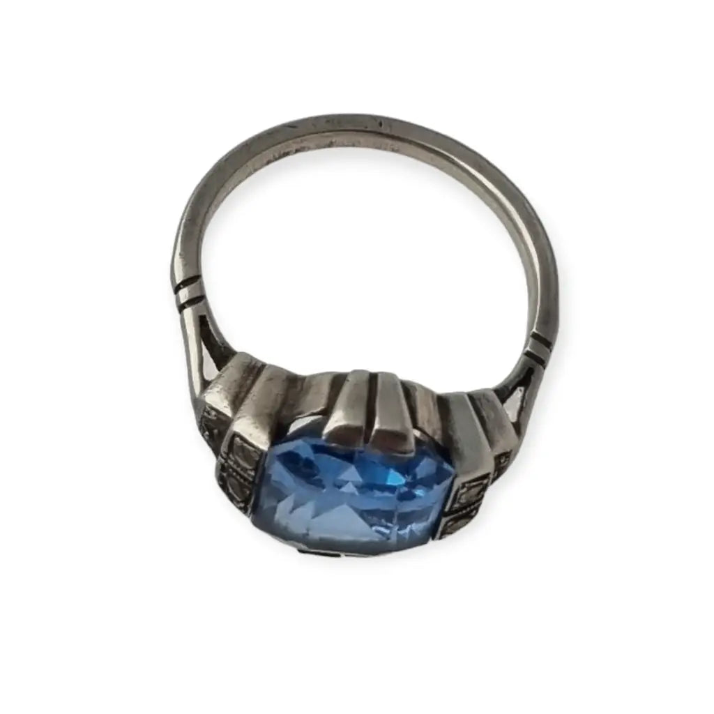 Anillo art déco antiguo para mujer de plata compromiso con piedra azul