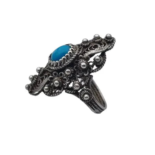 Anillo lanzadera de filigrana plata y bola azul estilo victoriano mujer.