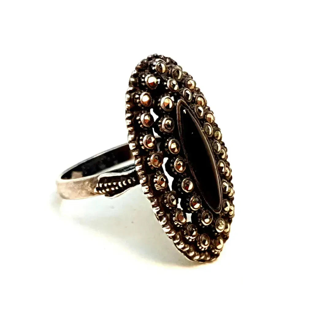Anillo victoriano anillo mujer vintage Onyx plata 925 onix y marcasitas anillos