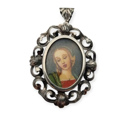 Colgante de plata 800 miniatura Virgen joya religiosa italiana siglo XX.