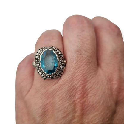 Anillo antiguo art deco de mujer plata con piedra azul 1950 regalos retro.