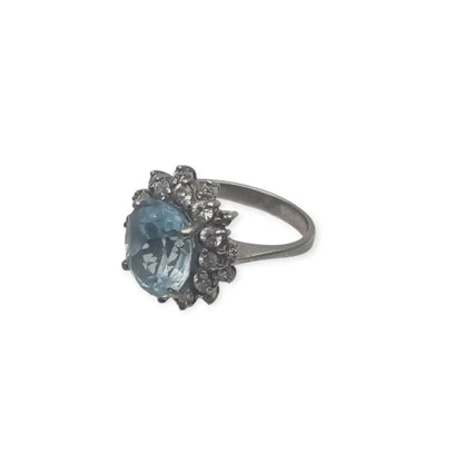 Anillo de cóctel vintage para mujer plata con piedra azul agua y blanca