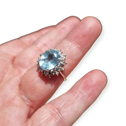 Anillo de cóctel vintage para mujer plata con piedra azul agua y blanca