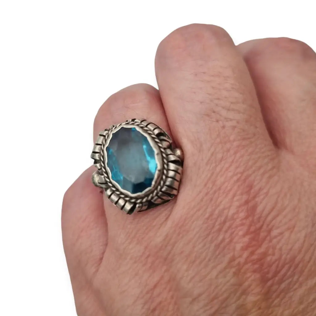 Anillo antiguo art deco de mujer plata con piedra azul 1950 regalos retro.