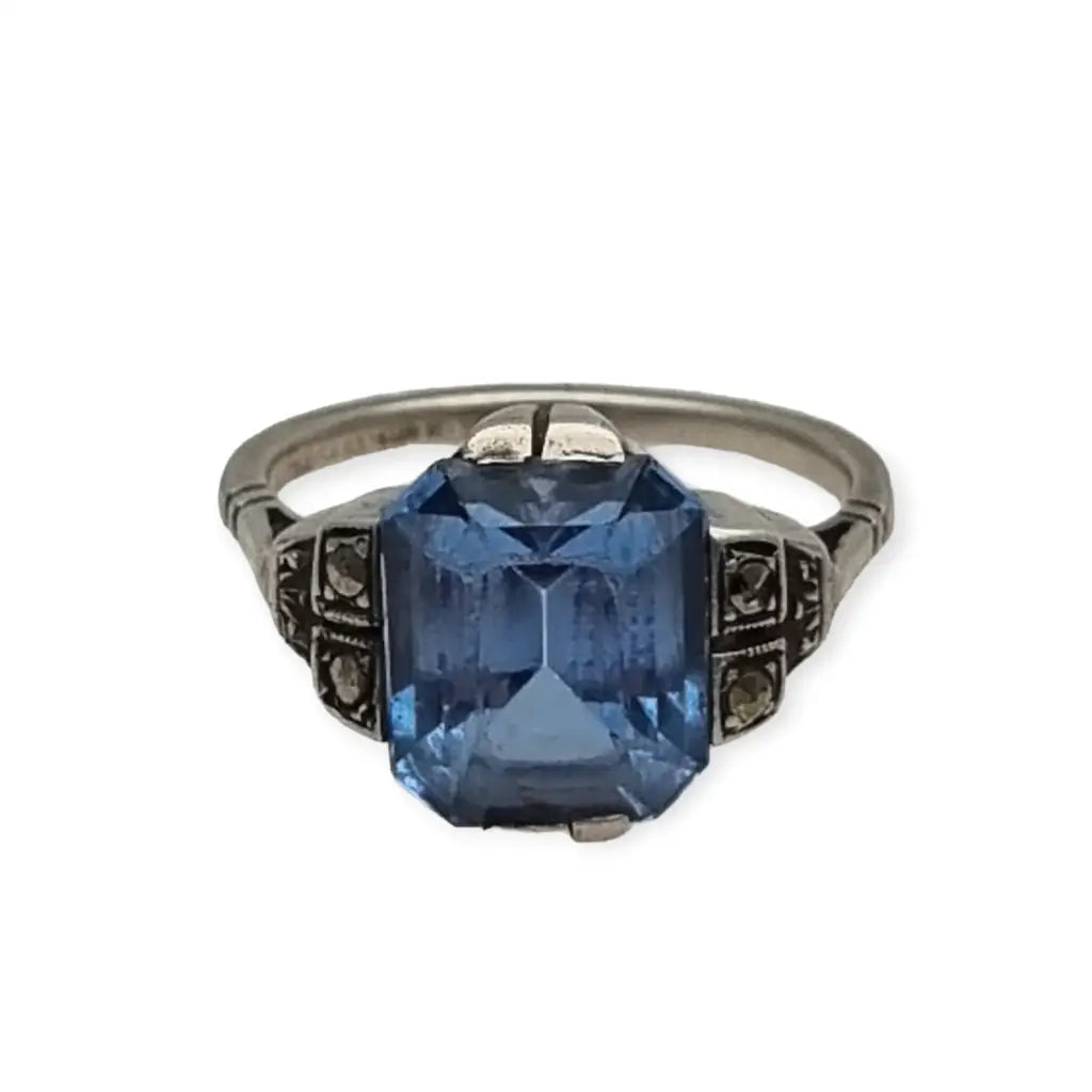 Anillo art déco antiguo para mujer de plata compromiso con piedra azul