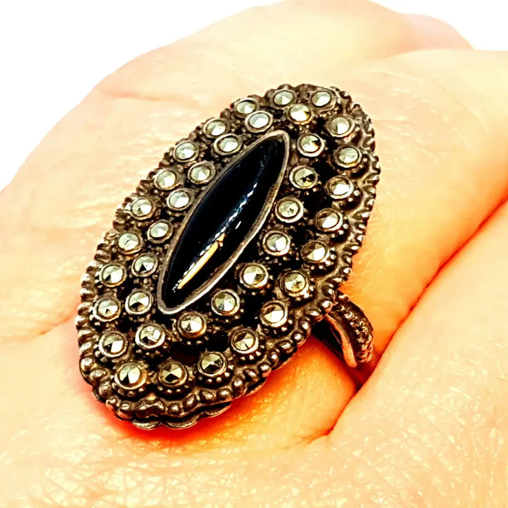 Anillo victoriano anillo mujer vintage Onyx plata 925 onix y marcasitas anillos