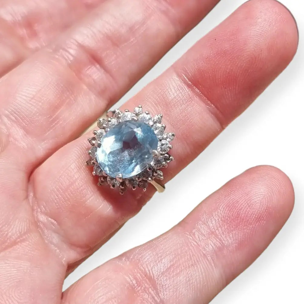 Anillo de cóctel vintage para mujer plata con piedra azul agua y blanca