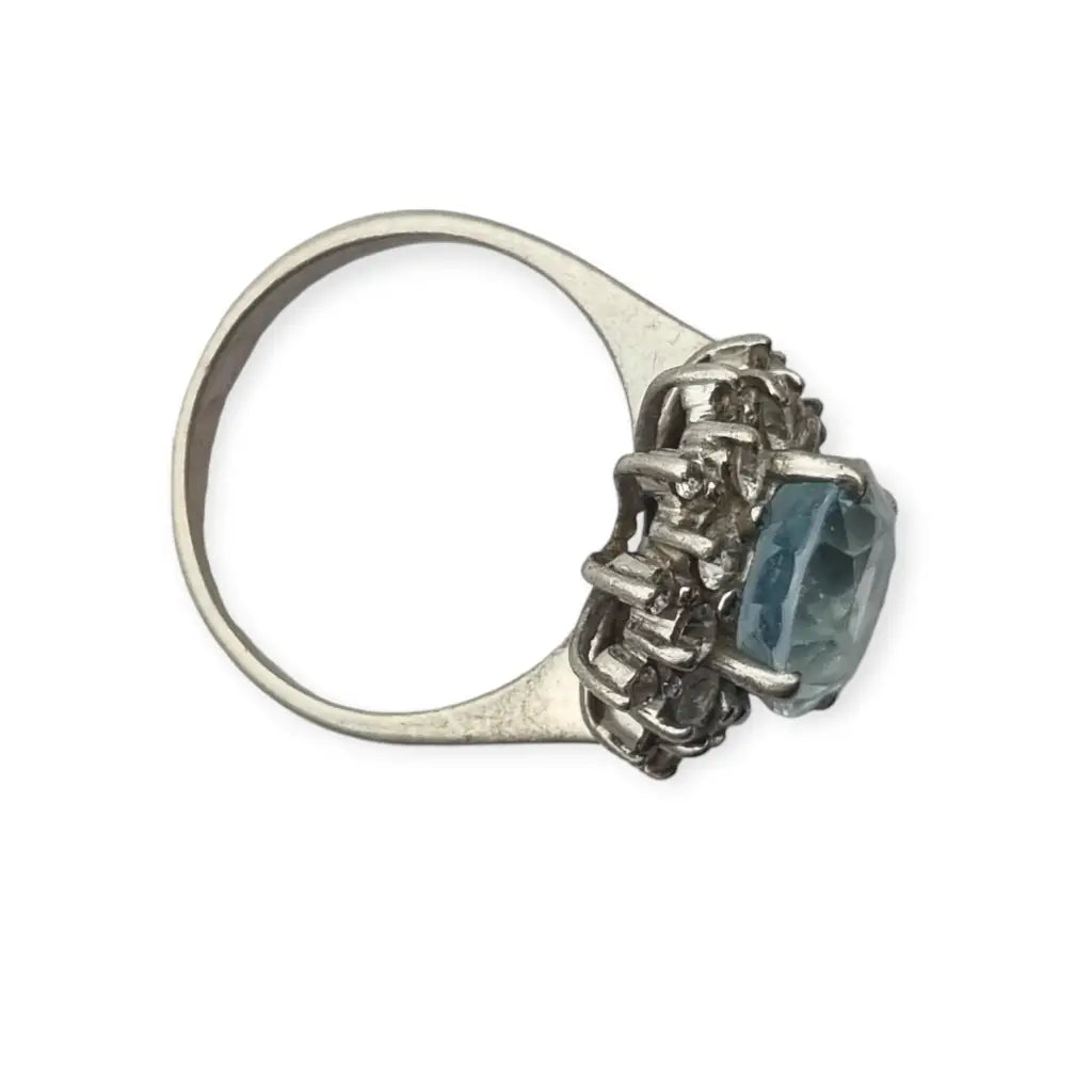 Anillo de cóctel vintage para mujer plata con piedra azul agua y blanca