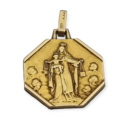 Medalla antigua religiosa de Virgen del Carmen y Sagrado Corazón oro FIX 1910.