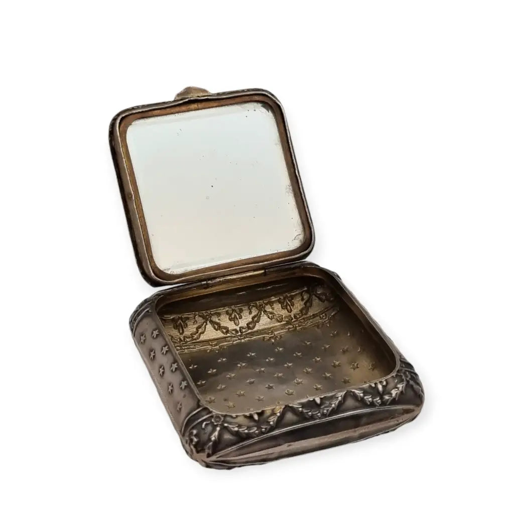 Caja Art Nouveau antigua de plata colección tema floral con espejo 1900.