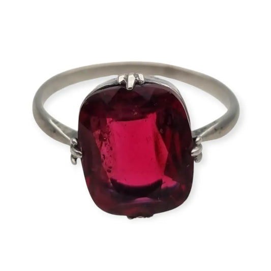 Anillo Art Decó Vintage de Plata y Piedra Roja Estilo Clásico para Mujer