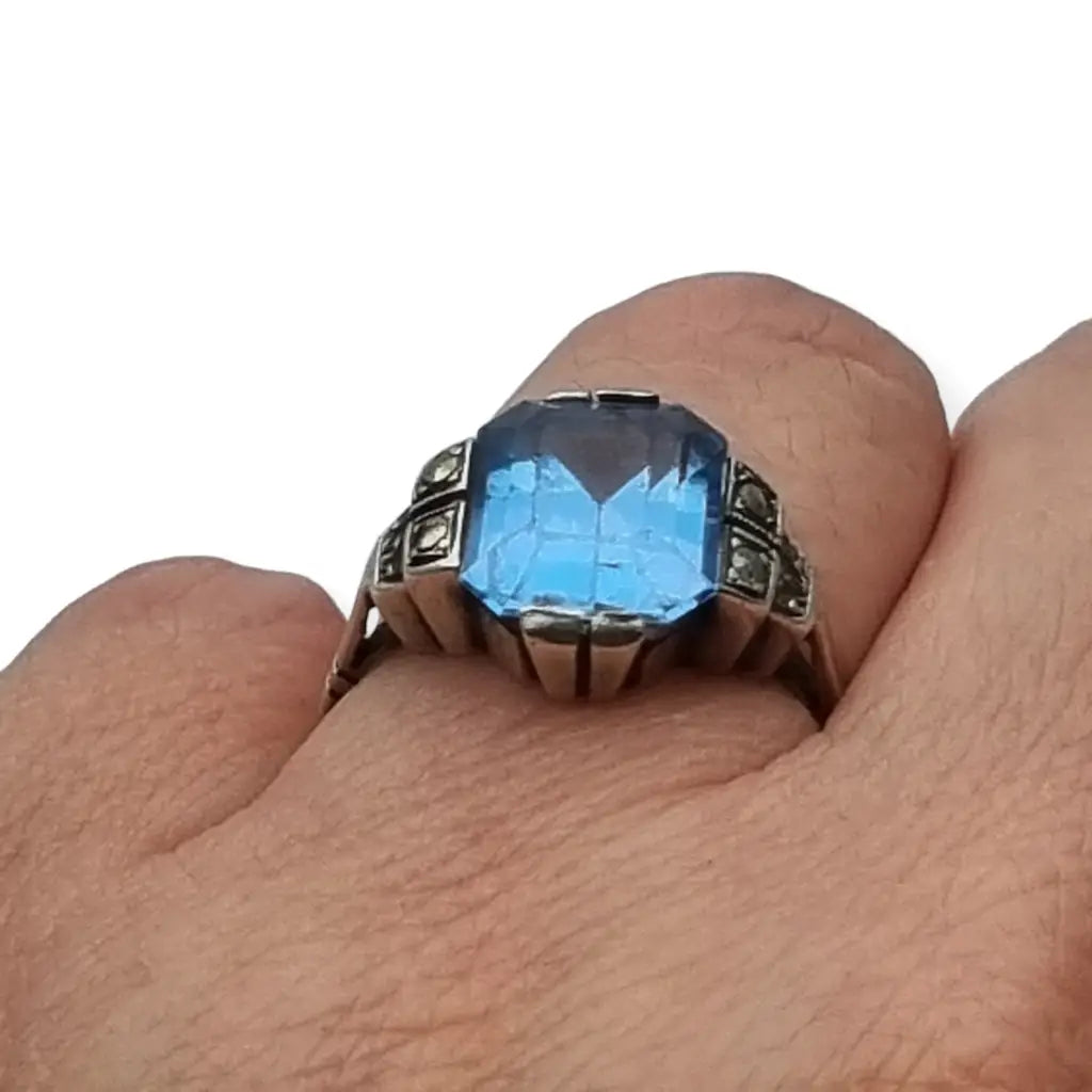 Anillo art déco antiguo para mujer de plata compromiso con piedra azul