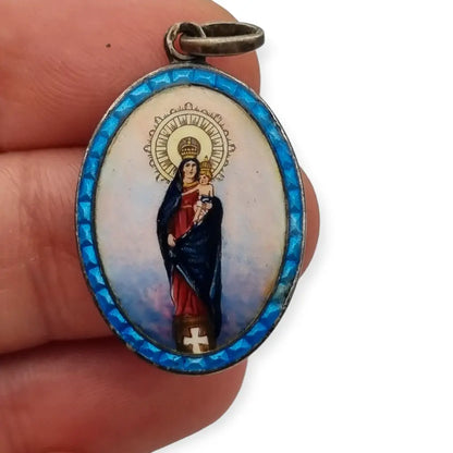 Medalla de Plata Virgen María con el Niño Esmalte Azul Colgante Religioso.