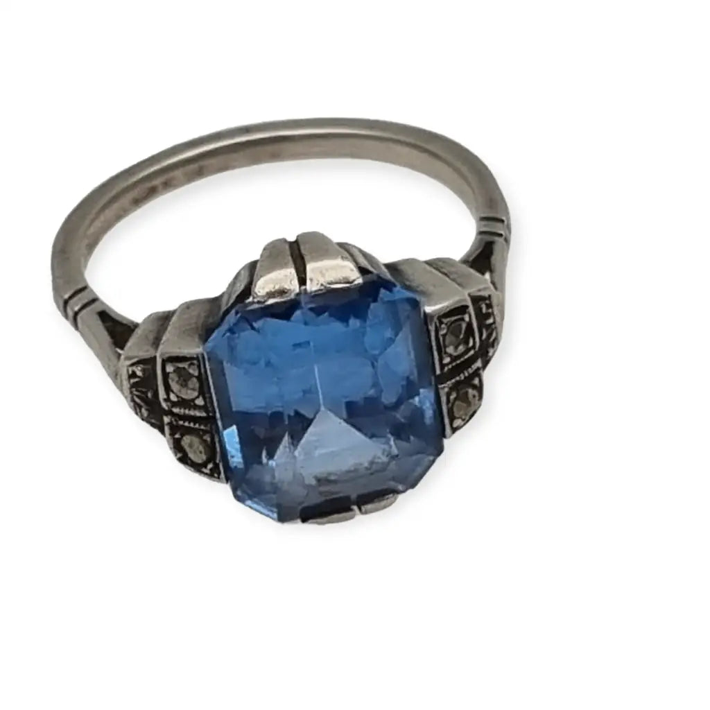 Anillo art déco antiguo para mujer de plata compromiso con piedra azul