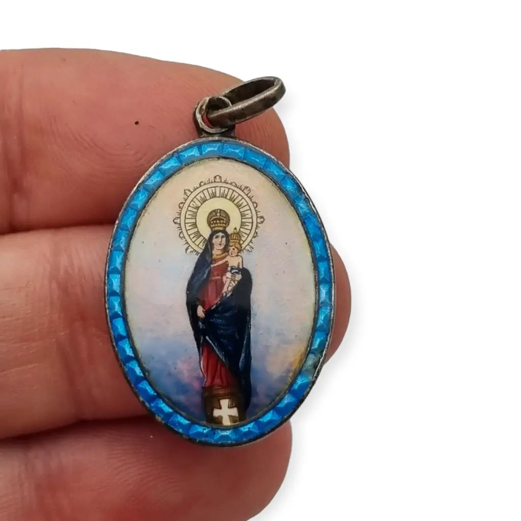 Medalla de Plata Virgen María con el Niño Esmalte Azul Colgante Religioso.