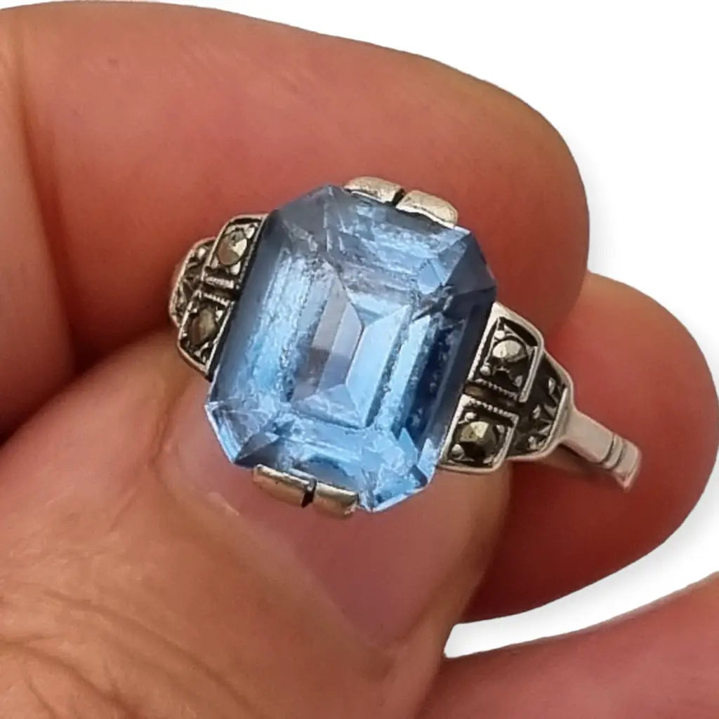 Anillo art déco antiguo para mujer de plata compromiso con piedra azul