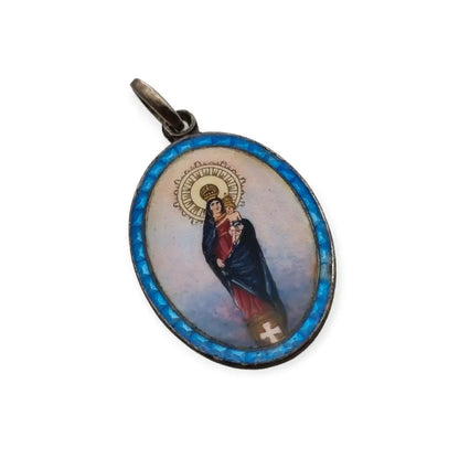 Medalla de Plata Virgen María con el Niño Esmalte Azul Colgante Religioso.